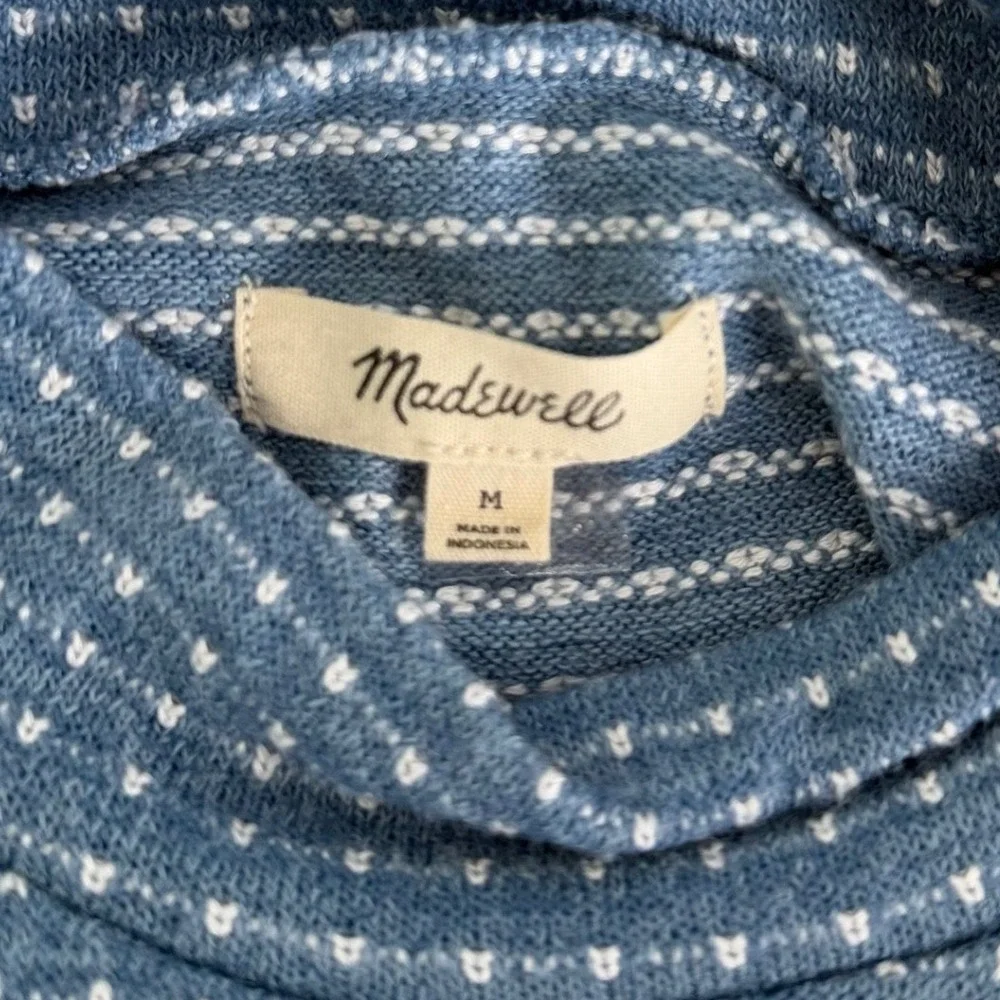 Madewell Blue Dotted Stripe Mock Neck Puff Sleeve Textured Knit Top M
